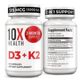 10X Health botella frontal mostrando D3 5000 IU y K2 MK‑7, beneficio claridad de dosis