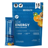 10X Health paquete frontal mostrando 15 sobres y beneficio de energía portátil