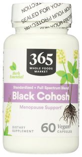 365 by Whole Foods Market frasco de Black Cohosh mostrando el frente y beneficios de transparencia