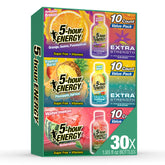 5-hour ENERGY vista frontal del pack con sabores y ventaja portátil