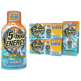 5-hour ENERGY frente del empaque con detalle de pack de 30 para almacenamiento fácil