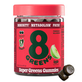 8Greens frasco frontal mostrando gomitas y beneficio de conveniencia