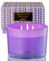 96NORTH vela lavanda frontal, elegante presentación y aroma relajante