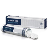 Acemuk frasco frontal con etiqueta clara y información de 600 mg