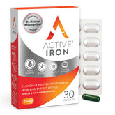 ActiveIron frente del empaque mostrando 30 cápsulas y beneficio de alta absorción