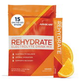 AdvoCare Rehydrate frente del envase mostrando 15 sobres y sabor naranja, práctico para llevar