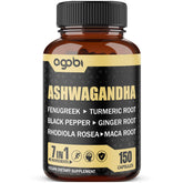 agobi frasco delantero mostrando ashwagandha y 7 hierbas, beneficio claridad de uso