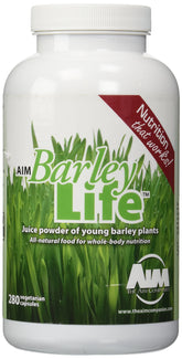 AIM BarleyLife frasco delantero mostrando etiqueta y beneficio práctico