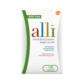 alli envase frontal mostrando el pack de recarga y beneficios
