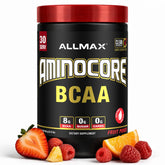 Envase ALLMAX Aminocore Fruit Punch mostrando diseño y facilidad de uso
