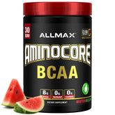 ALLMAX envase frontal mostrando Aminocore sandía y tamaño visible
