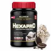 ALLMAX envase Hexapro Cookies & Cream vista frontal beneficio conveniencia
