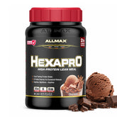 ALLMAX envase frontal de HEXAPRO Chocolate mostrando diseño y beneficio práctico