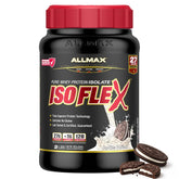 ALLMAX envase frontal Cookies & Cream mostrando marca y tamaño 2 lb, práctico