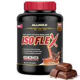 ALLMAX envase ISOFLEX frente mostrando tamaño y sabor chocolate, confianza de marca