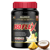 ALLMAX envase ISOFLEX piña coco mostrando etiqueta y beneficio proteína alta