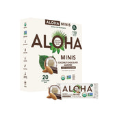 ALOHA caja frontal mostrando 20 barritas y beneficios nutricionales visibles