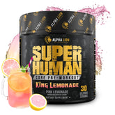 ALPHA LION envase frontal Core Pre Workout King Lemonade mostrando etiqueta y cantidad