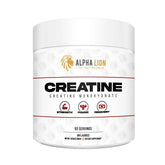 ALPHA LION envase frontal mostrando creatina pura y 60 servicios