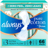 Always Pure Cotton frente del paquete mostrando cantidad y talla, protección visible