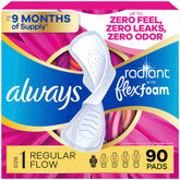 Always Radiant frente del empaque mostrando 90 unidades y marca