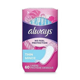 Always Thin frente del empaque que muestra 60 unidades y facilidad de almacenamiento