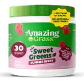 Amazing Grass bote frontal mostrando sabor Summer Berry y beneficio nutricional