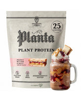 Ambrosia envase frontal mostrando sabor Peanut Butter & Jelly y beneficio de proteína vegana