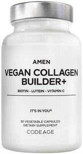 Amen frasco frontal mostrando etiquetas y beneficios veganos