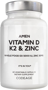 Amen botella frontal mostrando fórmula D3 K2 Zinc y beneficio de combinación completa