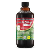 Amenazel botella frontal de Moringa Bitters mostrando la etiqueta y beneficios