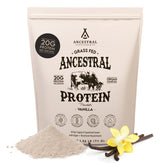 Ancestral Supplements envase frontal que muestra vainilla y 30 servicios para uso diario