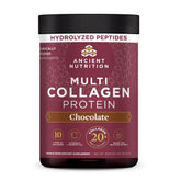 Ancient Nutrition envase frontal del colágeno chocolate mostrando marca y tamaño