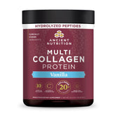 Ancient Nutrition envase frontal del producto mostrando sabor vainilla y beneficios