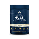 Ancient Nutrition frasco delantero mostrando etiqueta y beneficio de proteína completa