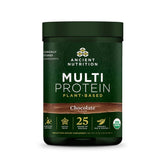 Ancient Nutrition frente del envase mostrando sabor chocolate y beneficio proteico
