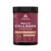 Ancient Nutrition frente del envase mostrando sabor Vainilla Chai y beneficio belleza