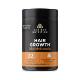 Ancient Nutrition frente del envase mostrando diseño y beneficio para cabello más grueso