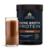 Ancient Nutrition frente del envase mostrando sabor chocolate y formato