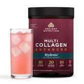 Ancient Nutrition envase frontal de Multi Collagen Hydrate mostrando sabor mixed berry y beneficios de hidratación
