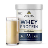 Ancient Nutrition envase frontal mostrando sabor Vainilla Bean y beneficios