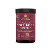 Ancient Nutrition tarro frontal mostrando envase y porciones beneficios