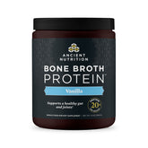 Ancient Nutrition frontal del envase mostrando sabor Vainilla y beneficios