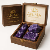 Anima caja frontal con set de amatista mostrando apariencia premium y presentación