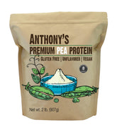 Anthony's envase frontal de proteína de guisante mostrando marca y tamaño 2 lb, fácil de almacenar