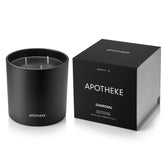 APOTHEKE vela Charcoal frontal con frasco negro y aspecto elegante