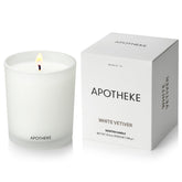 APOTHEKE vela White Vetiver frontal en vaso de vidrio, aspecto elegante