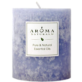 Aroma Naturals vela pilar frente azul, aspecto decorativo y aroma puro