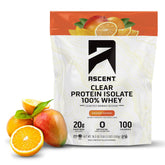 Ascent envase frontal de Clear Whey naranja mango mostrando diseño y beneficios