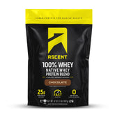 Ascent envase frontal sabor chocolate mostrando diseño y beneficio de proteína limpia
